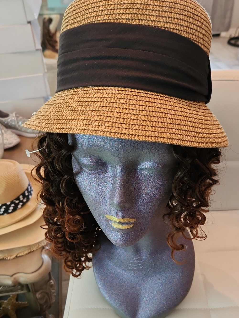 Straw Cloche Hat with Black Band - Women's Sun Hat